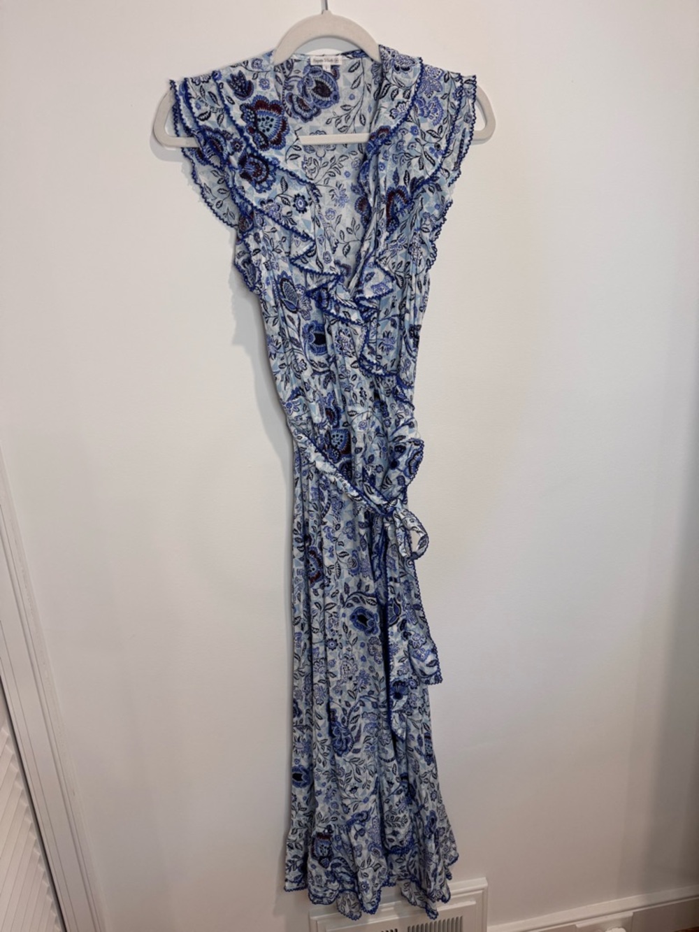 Poupette St. Barth Blue Paisley Wrap Maxi with Ruffle Trim
